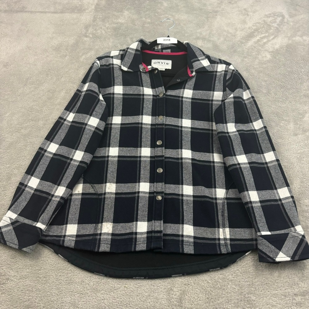 Orvis Fleece Lined Flannel Pinnacle Snap Shirt Jacket Women L Black Plaid Winter